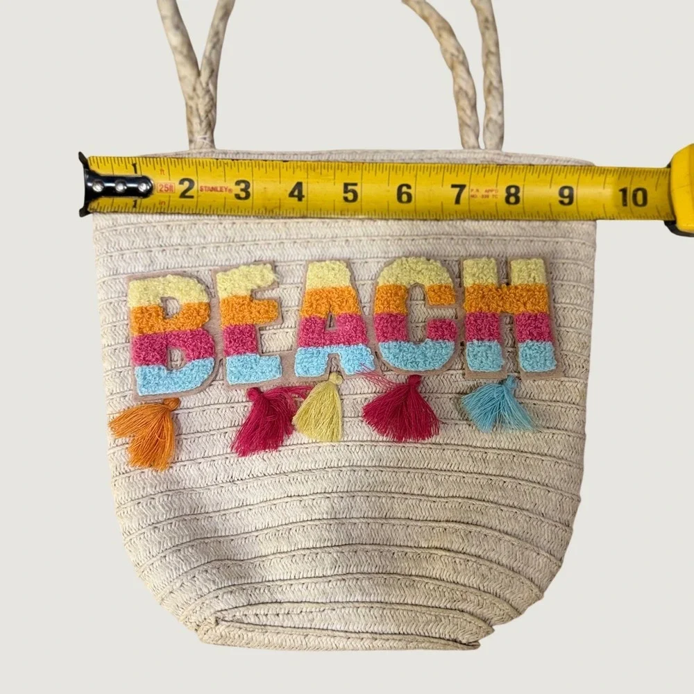 Kids Beach Straw Tote‎ Bag Rainbow Chenille Patch Tassels Woven Summer Bag